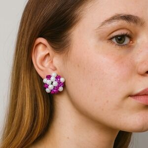 Vintage Hobé Pink Aurora Borealis Bead Cluster Clip-On Earrings Mid Century